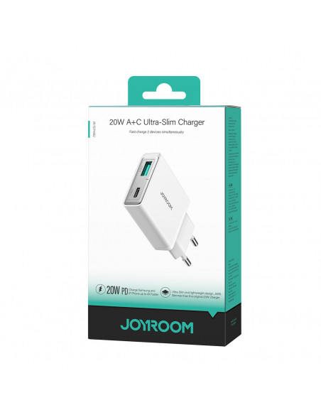 
Mažas ir itin plonas 20 W USB-A USB-C sieninis įkroviklis – baltas
