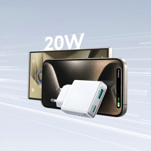 
Mažas ir itin plonas 20 W USB-A USB-C sieninis įkroviklis – baltas
