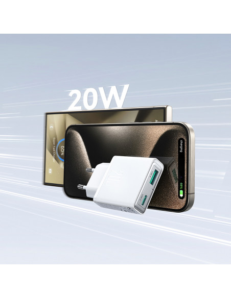 
Mažas ir itin plonas 20 W USB-A USB-C sieninis įkroviklis – baltas
