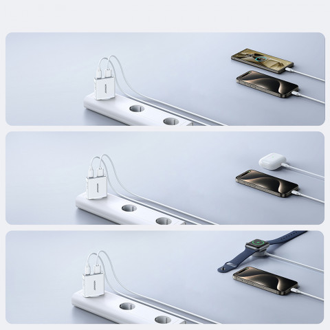 
Mažas ir itin plonas 20 W USB-A USB-C sieninis įkroviklis – baltas
