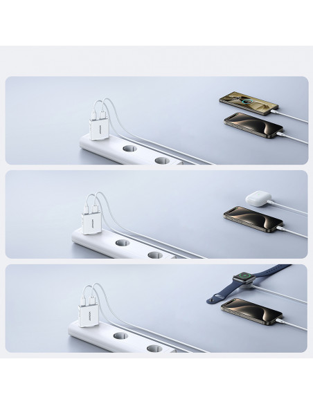 
Mažas ir itin plonas 20 W USB-A USB-C sieninis įkroviklis – baltas
