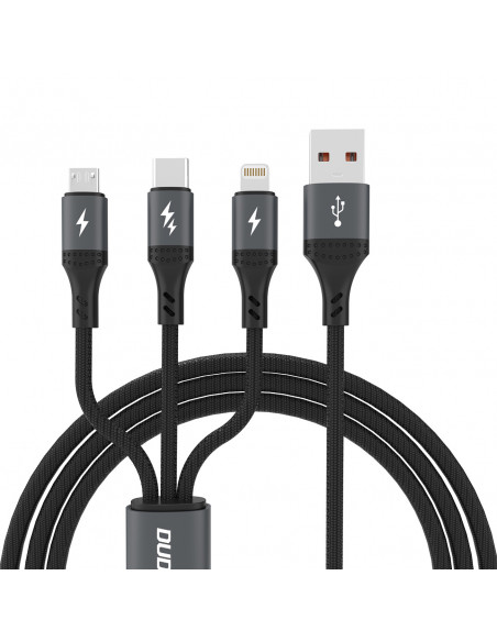 
3in1 laidas 60W USB-A - MicroUSB USB-C iPhone Lightning 1.2m - juodas
