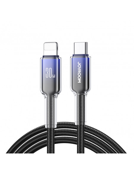 
„Crystal-Clear“ serijos 30 W USB-C–iPhone „Lightning“ laidas, 1,2 m – juodas
