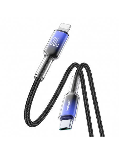 
„Crystal-Clear“ serijos 30 W USB-C–iPhone „Lightning“ laidas, 1,2 m – juodas
