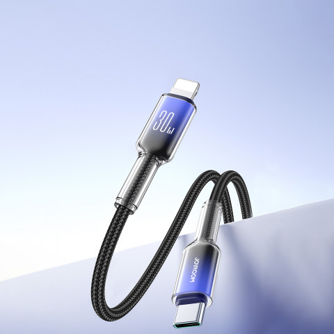 
„Crystal-Clear“ serijos 30 W USB-C–iPhone „Lightning“ laidas, 1,2 m – juodas
