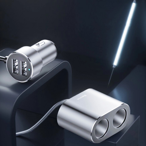 
Automobilinis skirstytuvas 2x cigarečių degiklio lizdas 80W 2x USB-A 3.1A - sidabrinis
