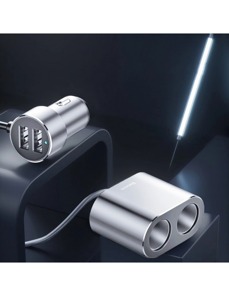 
Automobilinis skirstytuvas 2x cigarečių degiklio lizdas 80W 2x USB-A 3.1A - sidabrinis

