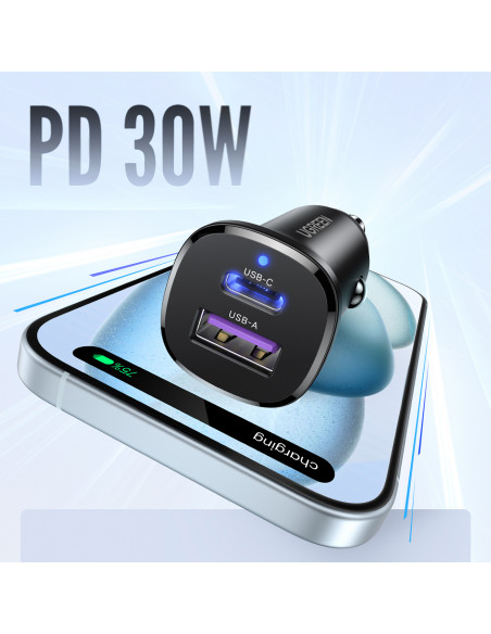 
USB-C USB-A 30W automobilinis įkroviklis – juodas
