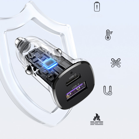 
USB-C USB-A 30W automobilinis įkroviklis – juodas
