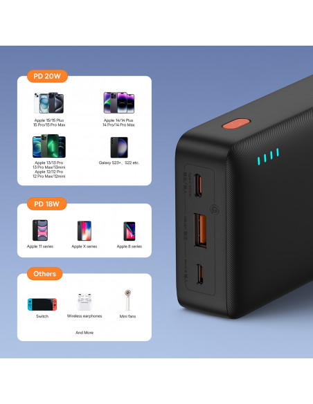 
20000mAh „Airpow 20W“ nešiojama baterija su USB-A - USB-C laidu, 50 cm, juoda
