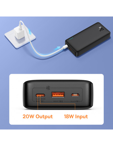 
20000mAh „Airpow 20W“ nešiojama baterija su USB-A - USB-C laidu, 50 cm, juoda
