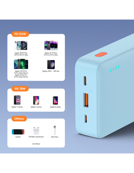 
20000mAh nešiojama baterija „Airpow 20W“ su USB-A - USB-C laidu, 50 cm, mėlyna
