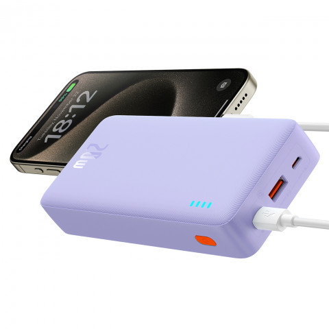 
„Airpow“ greito įkrovimo 20 W 20000 mAh išorinė baterija su 50 cm USB-C laidu – violetinė
