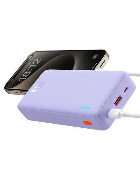 
„Airpow“ greito įkrovimo 20 W 20000 mAh išorinė baterija su 50 cm USB-C laidu – violetinė
