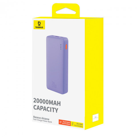 
„Airpow“ greito įkrovimo 20 W 20000 mAh išorinė baterija su 50 cm USB-C laidu – violetinė

