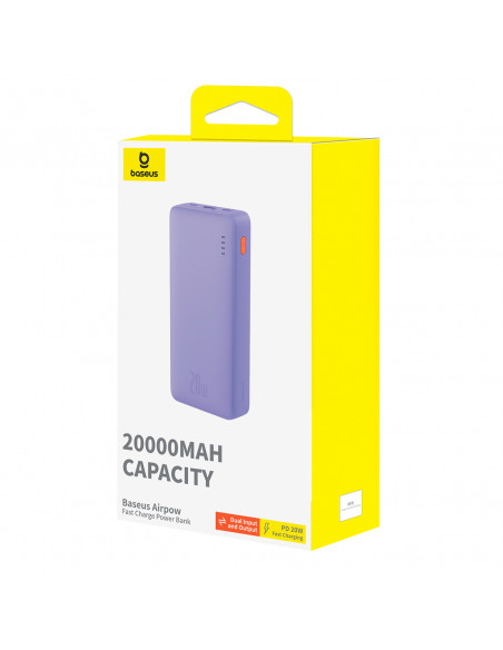 
„Airpow“ greito įkrovimo 20 W 20000 mAh išorinė baterija su 50 cm USB-C laidu – violetinė
