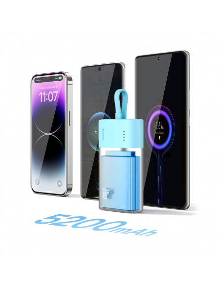 
„Popsicle“ nešiojama baterija 5200mAh 20W su „Lightning“ laidu 60W/ 20V/ 3A/ 30cm - mėlynai oranžinė
