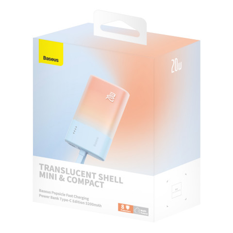 
„Popsicle“ nešiojama baterija 5200mAh 20W su „Lightning“ laidu 60W/ 20V/ 3A/ 30cm - mėlynai oranžinė
