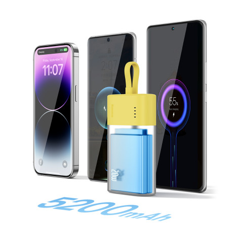 
„Popsicle“ išorinė baterija 5200mAh 20W su „Lightning“ laidu 60W/ 20V/ 3A/ 30cm - geltona-rožinė
