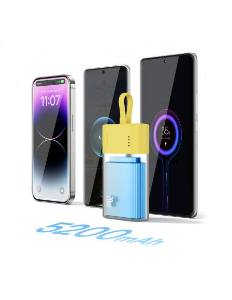 
„Popsicle“ išorinė baterija 5200mAh 20W su „Lightning“ laidu 60W/ 20V/ 3A/ 30cm - geltona-rožinė
