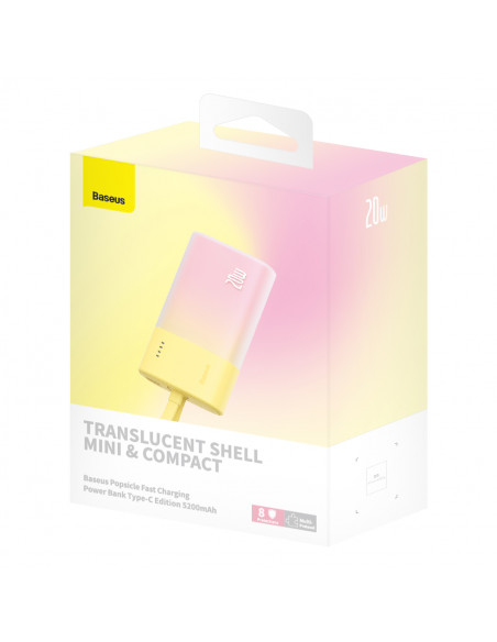 
„Popsicle“ išorinė baterija 5200mAh 20W su „Lightning“ laidu 60W/ 20V/ 3A/ 30cm - geltona-rožinė
