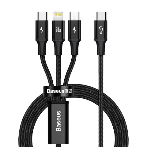 
3in1 laidas USB-C - USB-C / iPhone Lightning / microUSB 20W PD 1.5m - juodas
