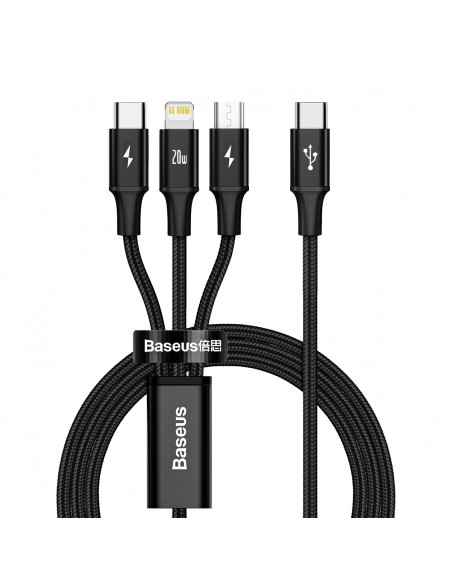 
3in1 laidas USB-C - USB-C / iPhone Lightning / microUSB 20W PD 1.5m - juodas
