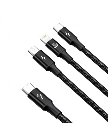 
3in1 laidas USB-C - USB-C / iPhone Lightning / microUSB 20W PD 1.5m - juodas
