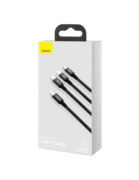 
3in1 laidas USB-C - USB-C / iPhone Lightning / microUSB 20W PD 1.5m - juodas

