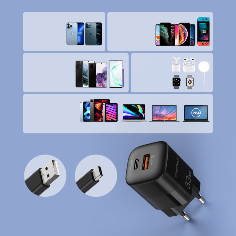 Greitas įkroviklis GaN USB Type C PD QC 33W juodas