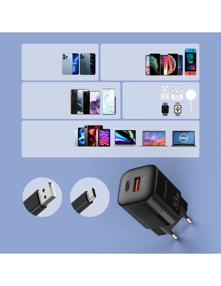 Greitas įkroviklis GaN USB Type C PD QC 33W juodas Greitas įkroviklis GaN USB Type C PD QC 33W juodas