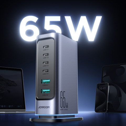
Įkrovimo stotelė „GaN Multiport Charger“, 65 W, EU, 4x USB-C ir 2x USB-A, tamsiai pilka
