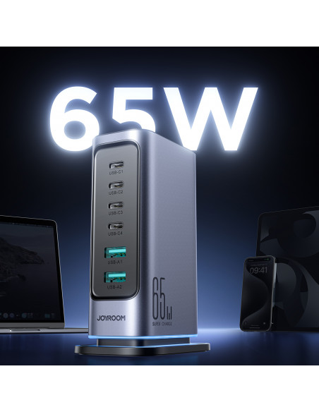 
Įkrovimo stotelė „GaN Multiport Charger“, 65 W, EU, 4x USB-C ir 2x USB-A, tamsiai pilka
