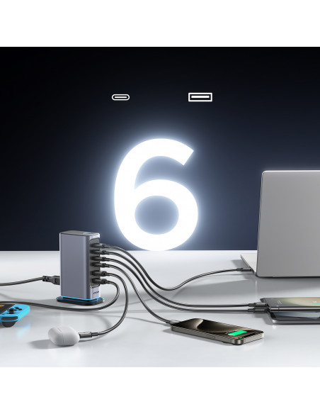 
Įkrovimo stotelė „GaN Multiport Charger“, 65 W, EU, 4x USB-C ir 2x USB-A, tamsiai pilka
