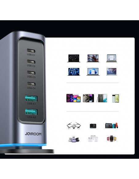 
Įkrovimo stotelė „GaN Multiport Charger“, 65 W, EU, 4x USB-C ir 2x USB-A, tamsiai pilka
