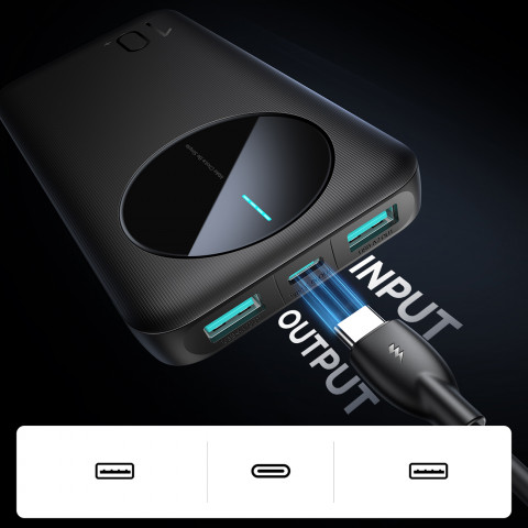 
Nešiojamoji baterija JR-PBF12 10000mAh 2.4A 2x USB-A 1x USB-C - juoda
