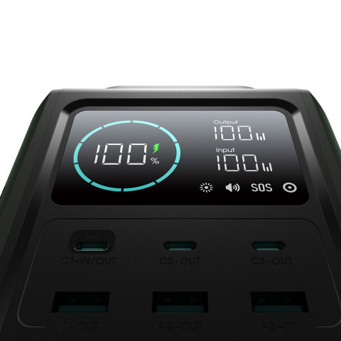 
Kelioninė išorinė baterija 75000mAh 100W USB-C USB-A SOS signalinė lemputė – žalia
