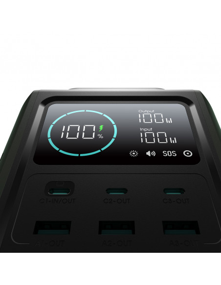 
Kelioninė išorinė baterija 75000mAh 100W USB-C USB-A SOS signalinė lemputė – žalia
