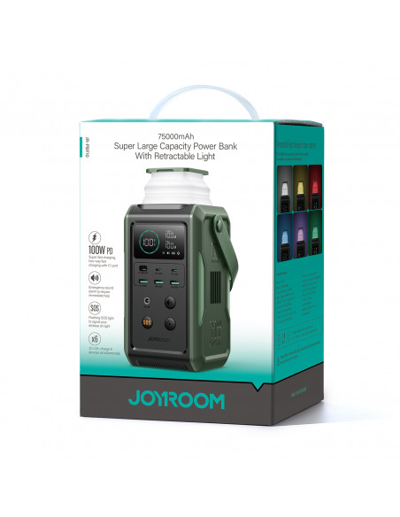 
Kelioninė išorinė baterija 75000mAh 100W USB-C USB-A SOS signalinė lemputė – žalia
