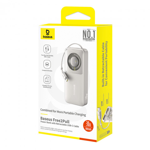 
„Free2Pull“ 10000 mAh 30 W išorinė baterija su USB-C prievadu ir ištraukiamu USB-C laidu – pilka
