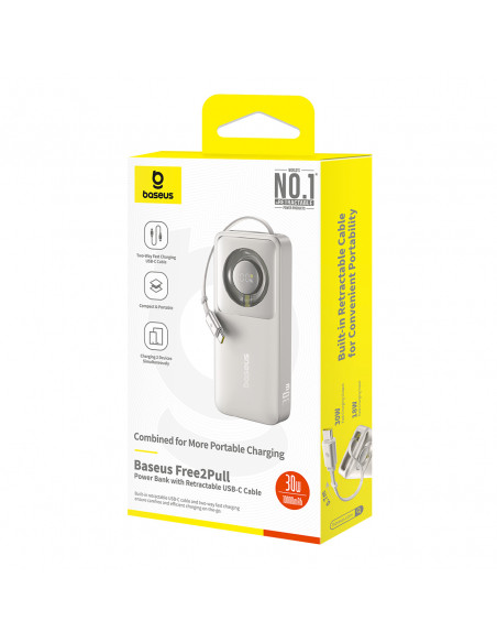 
„Free2Pull“ 10000 mAh 30 W išorinė baterija su USB-C prievadu ir ištraukiamu USB-C laidu – pilka
