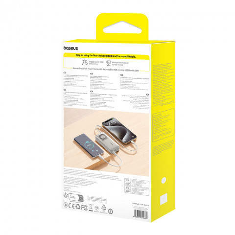 
„Free2Pull“ 10000 mAh 30 W išorinė baterija su USB-C prievadu ir ištraukiamu USB-C laidu – pilka
