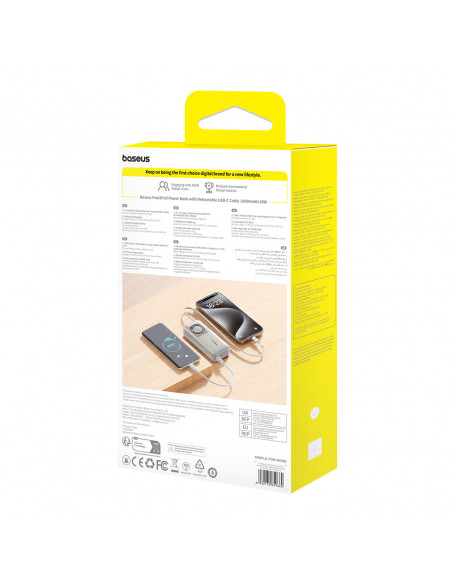 
„Free2Pull“ 10000 mAh 30 W išorinė baterija su USB-C prievadu ir ištraukiamu USB-C laidu – pilka
