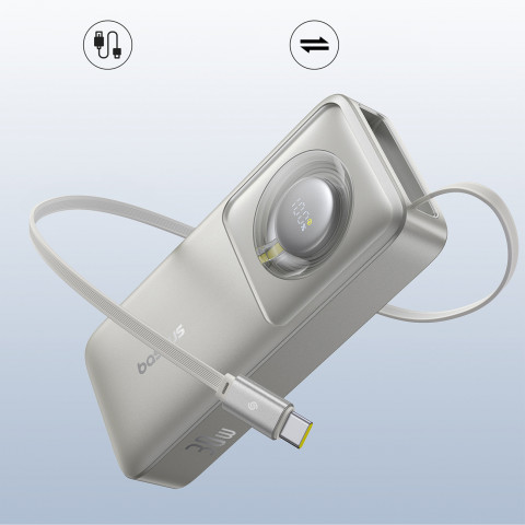 
„Free2Pull“ 10000 mAh 30 W išorinė baterija su USB-C prievadu ir ištraukiamu USB-C laidu – pilka
