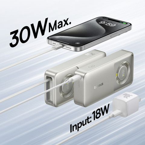 
„Free2Pull“ 10000 mAh 30 W išorinė baterija su USB-C prievadu ir ištraukiamu USB-C laidu – pilka
