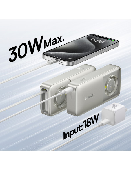 
„Free2Pull“ 10000 mAh 30 W išorinė baterija su USB-C prievadu ir ištraukiamu USB-C laidu – pilka
