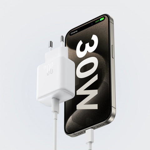 
USB-C PD 30W QC SFC sieninis įkroviklis + 1 m USB-C laidas – baltas
