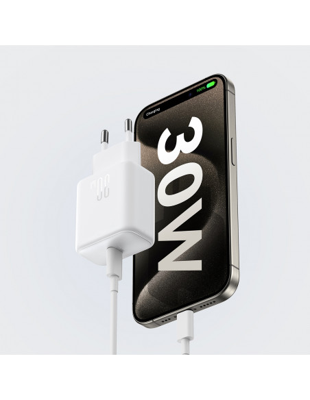 
USB-C PD 30W QC SFC sieninis įkroviklis + 1 m USB-C laidas – baltas
