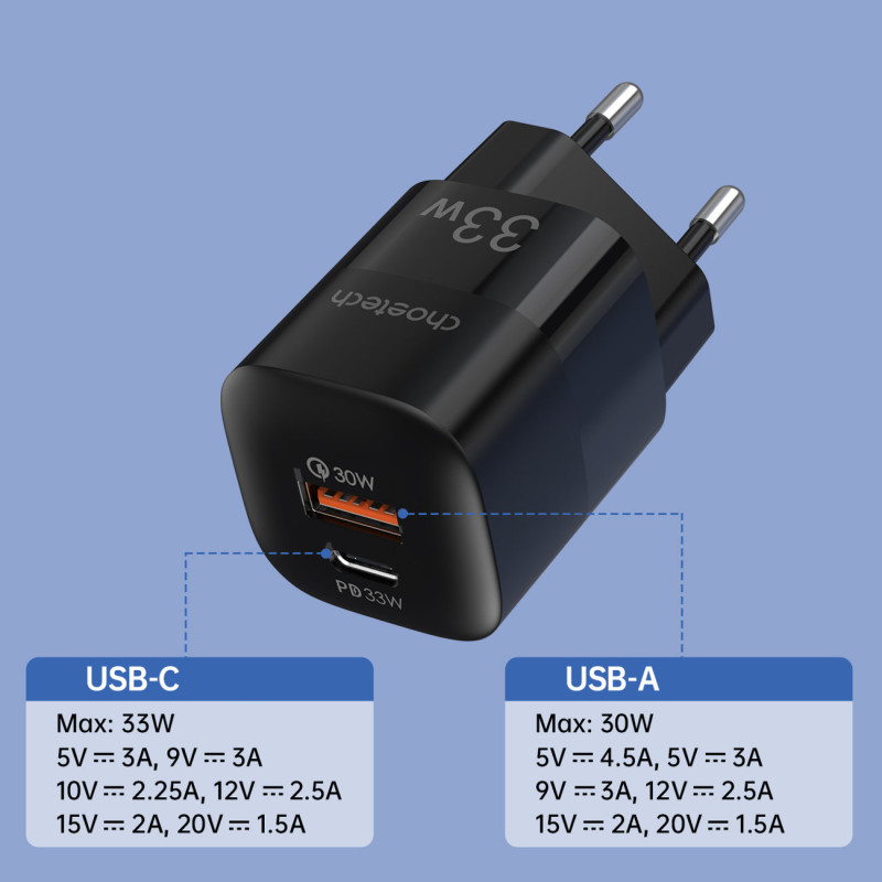 Greitas įkroviklis GaN USB Type C PD QC 33W juodas