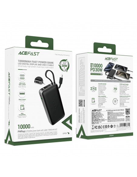 
10000mAh PD30W išorinė baterija su integruotu USB-C laidu - juoda
